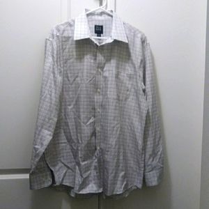 Jos A Bank Button Front Shirt Traveler Tailored‎ Fit Plaid White Navy Tan Large